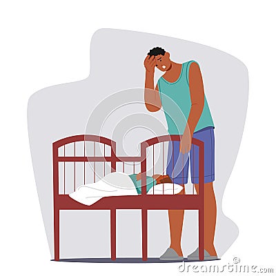 Exhausted Man Character Beside A Wailing Baby In A Crib, Overwhelmed And On The Brink Of Tears, Longing For Some Respite Vector Illustration