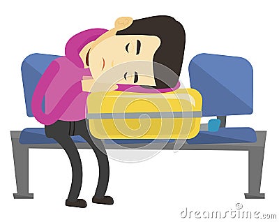 Exhausted man sleeping on suitcase at airport. Vector Illustration