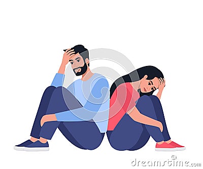 Exhausted man and woman sitting on the floor, hugging their knees. Tired couple. Young people needs psychological help. Vector Vector Illustration