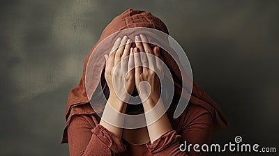 exhausted mother covering her face with hands Stock Photo