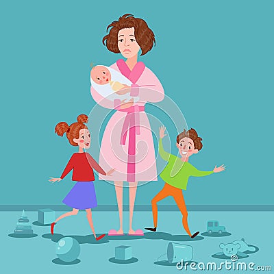Exhausted Mother with Newborn and Children. Tired Cartoon Woman and Romping Kids. Motherhood Concept Vector Illustration