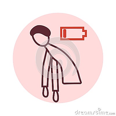 Exhausted, no energy icon. Linear pictogram of chronic tired man, exhausted person, male character feeling weak, low battery Vector Illustration