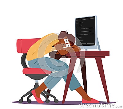 Exhausted Office Worker Professional Burnout, Overwork Tiredness Fatigue and Depression. Tired Businesswoman Sleeping Vector Illustration