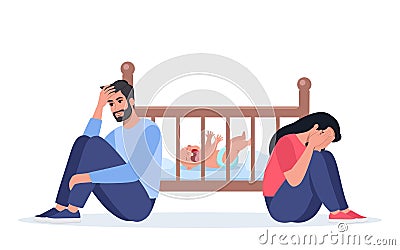 Exhausted parents at the crib with crying baby. Sad woman sitting on the floor, crying and hugging her knees. Tired father with Vector Illustration
