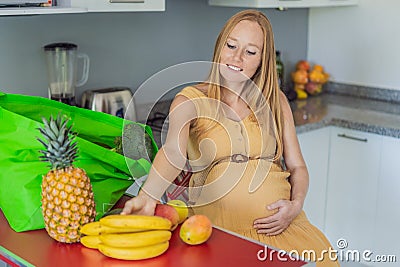 Exhausted but resilient, a pregnant woman feels fatigue after bringing home a sizable bag of groceries, showcasing her Stock Photo