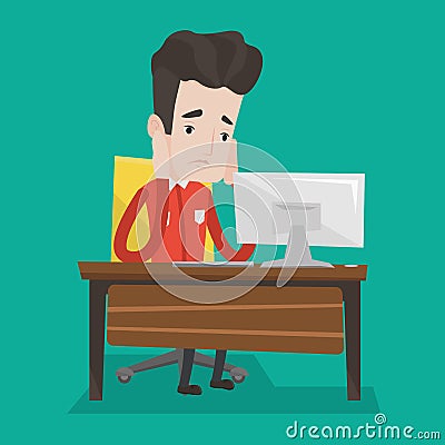 Exhausted sad employee working in office. Vector Illustration