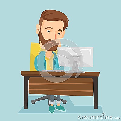 Exhausted sad employee working in office. Vector Illustration