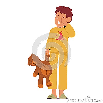Exhausted, Sleepy Kid Yawns Widely, Eyes Drooping With Weariness, Clutching A Teddy Bear For Comfort Vector Illustration Vector Illustration