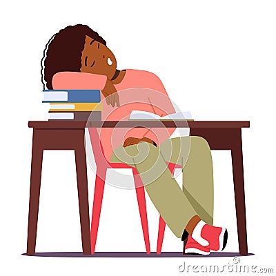 Exhausted Student Girl Slumbers On The Desk, Fatigue Etched On The Face, A Silent Portrait Of Academic Weariness Vector Illustration