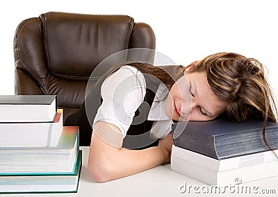 Exhausted Student Sleeping on Her Books Stock Photo