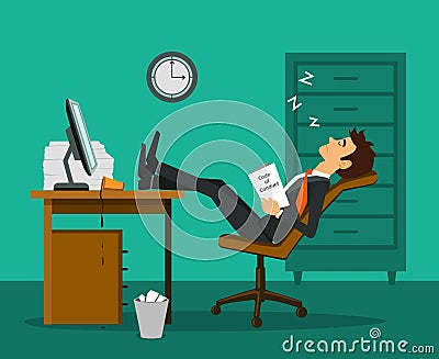 Exhausted tired bored employee sleeping legs up on the table at work desk Vector Illustration