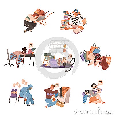 Exhausted tired people set. Professional burnout syndrome, stressed persons cartoon vector illustration Vector Illustration