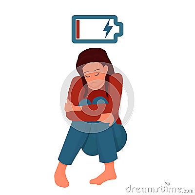 Exhausted, tired woman sitting with low battery symbol isolated on white background. Mental health concept, depressed character. Vector Illustration