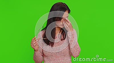 Exhausted tired woman takes off glasses, feels eyes pain, being overwork burnout working, headache Stock Photo