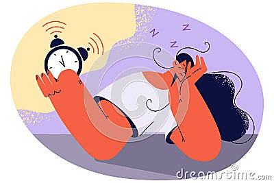 Exhausted woman stressed with morning alarm ringing Vector Illustration