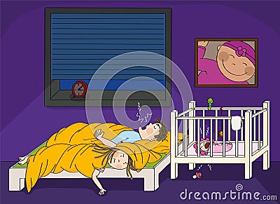 Exhausted women having trouble with her husband snoring and her baby crying Vector Illustration