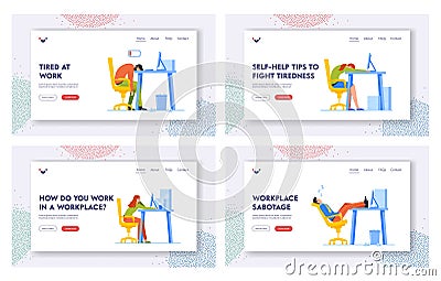 Exhausted Workers Overload Landing Page Template Set. Stress, Tiredness, Professional Burnout Syndrome Stressed Managers Vector Illustration