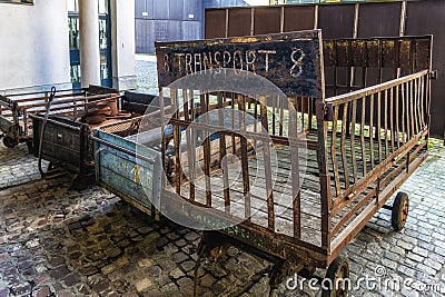 Exhibit at Oskar Schindler`s Enamel factory museum, factory workers truck Editorial Stock Photo