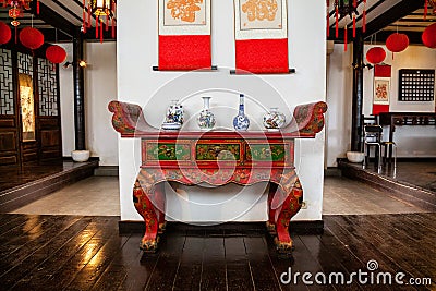 The exhibit - the traditional Chinese interior rooms, Chinese furniture Editorial Stock Photo