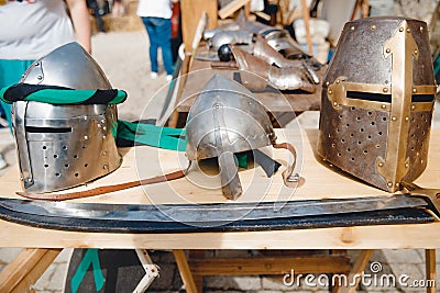 Exhibition of ancient armor, weapons, helmets from Viking steel Mdina Malta Editorial Stock Photo
