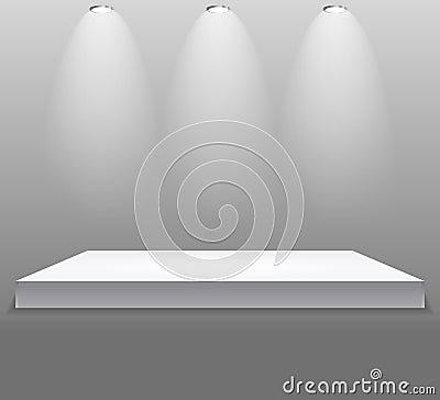 Exhibition Concept, White Empty Shelf Stand with Illumination on Gray Background. Template for Your Content. 3d Vecto Vector Illustration