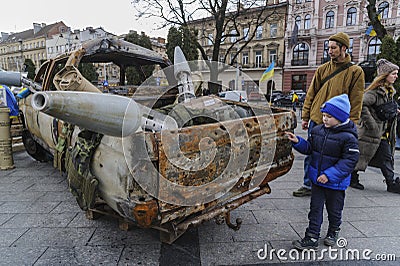 Exhibition of destroyed cars from the Bakhmut frontline displayed in Ukraine`s Lviv, amid the Russian invasion of Ukraine Editorial Stock Photo