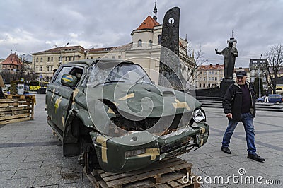 Exhibition of destroyed cars from the Bakhmut frontline displayed in Ukraine`s Lviv, amid the Russian invasion of Ukraine Editorial Stock Photo