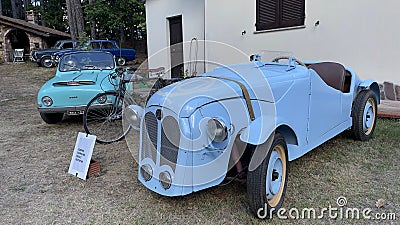 Exhibition of historic, vintage cars with Alfa Romeo and Fiat 600, in the countryside Editorial Stock Photo