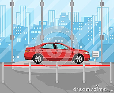 Exhibition Pavilion, dealership with yellow car Vector Illustration