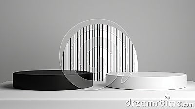 Exhibition podium for a variety of goods in Wite and Black colors against a rock background AI Generated Stock Photo