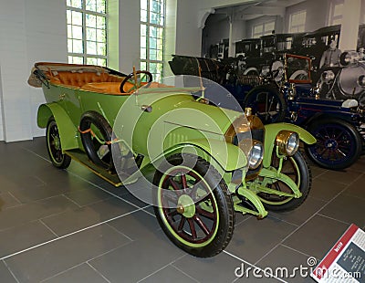 Pyshma, Russia - 09/12/2020: Exhibition of retro cars. Car `Benz 8/18 HP`, 1910, phaeton, 4-cylinder, inline, 4-speed, Germany. Editorial Stock Photo