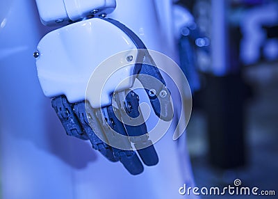 Exhibition of Robotics. Stylish handsome cyborg head / Robot Assistant with Information screen Editorial Stock Photo