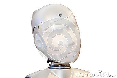 Exhibition of Robotics. Stylish handsome cyborg head / Robot Assistant with Information screen Editorial Stock Photo