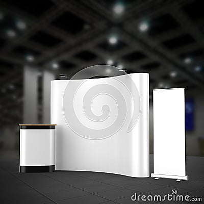 Exhibition Tension Fabric Display Banner Stand Backdrop for trade show advertising stand with LED OR Halogen Light with standees a Stock Photo