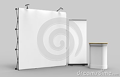 Exhibition Tension Fabric Display Banner Stand Backdrop for trade show advertising stand with LED OR Halogen Light with standees a Stock Photo