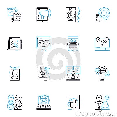 Exhibitions and shows linear icons set. Display, Showcase, Expo, Gallery, Event, Performance, Art line vector and Vector Illustration