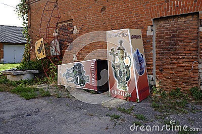 Exhibiton displays of Skopin pottery bazaar in the backyarod of local history museum in Ryazan region of Russia. Editorial Stock Photo