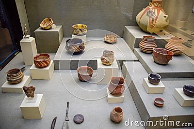 Exhibits of museum of antiquities of Antalya, pottery and bones in the form of exhibits of the museum Editorial Stock Photo