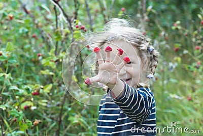 Exhilarated two years old blonde girl showing red garden raspberry fruits Stock Photo