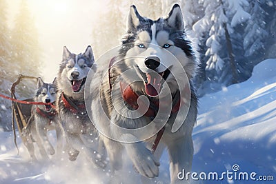 Exhilarating Dog Sledding Adventure Through Snow-Covered Forests Stock Photo