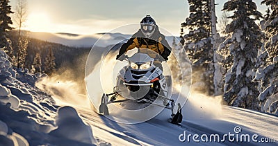 Exhilarating Snowmobiling Adventures Through Pristine Snowy Terrain Stock Photo