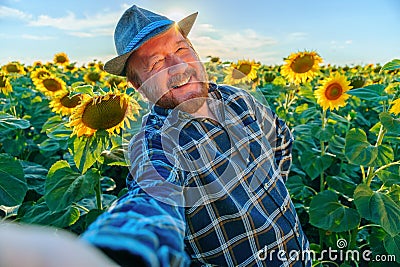 exhilaration smiling senior handsome man farmer visiting sunflower field and taking photo selfie Stock Photo