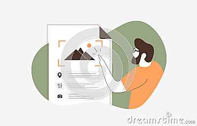 EXIF data viewer concept. Man clicking photo file to see exif metadata like camera model, lens, exposure, date and GPS Vector Illustration