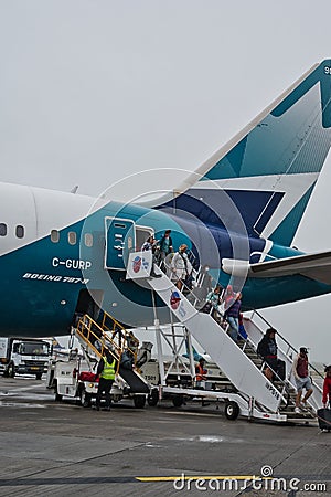 Existing the Westjet Boeing Dreamliner 787 at Dublin international Airport Editorial Stock Photo