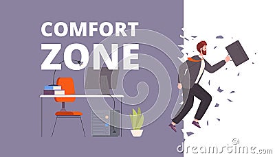 Exit from comfort zone. Dapper employee jump leaving comfortable office, stuck entrepreneur dared exiting comforted Vector Illustration