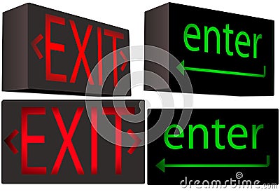 EXIT enter illuminated box sign symbols Vector Illustration