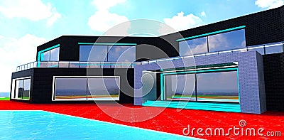 Exit from the hotel directly to the pool surrounded by the red brick tile pavement. 3d rendering Stock Photo