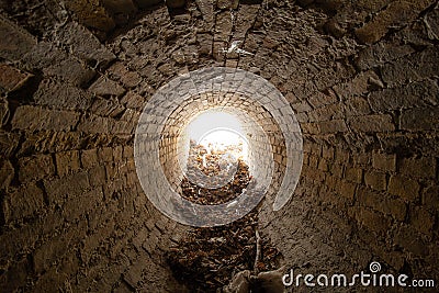 Exit of old abandoned oval brick drainage tunnel of the 19th century littered with garbage in the day Stock Photo