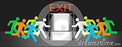 Exit out door many humans group run to emergency evacuation vector isolation. Vector Illustration