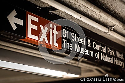 Exit sign at the 81st Street-Museum of Natural History Station on the Upper East Side of Manhattan, New York City Editorial Stock Photo